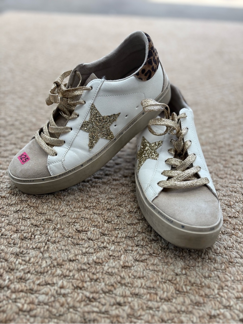 ShuShop White Sneakers with Gold Glitter Star & Leopard Heel